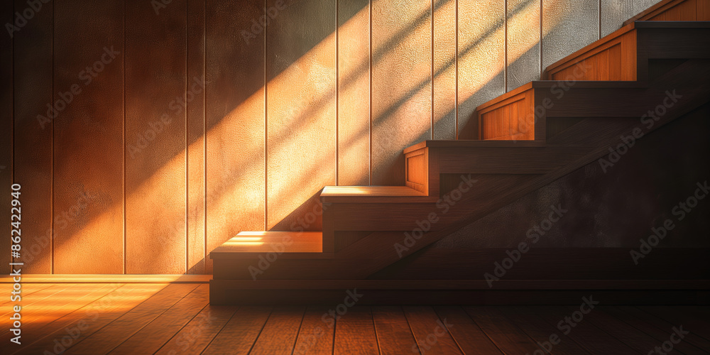 Obraz premium Sunlit Wooden Staircase in a Cozy Rustic Interior with Warm Natural Light