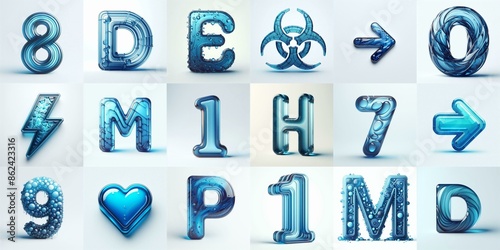 Blue transparent glass 3D Lettering Typeface. AI generated illustration