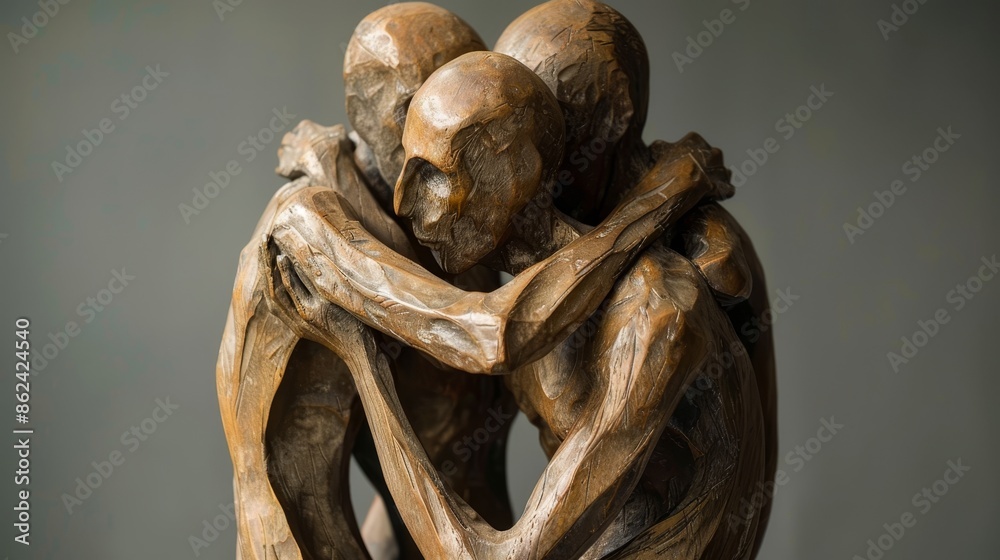 Unveiled modernist sculpture, Energy of New Beginnings, featuring people embracing behind, raw texture, inspiring and detailed