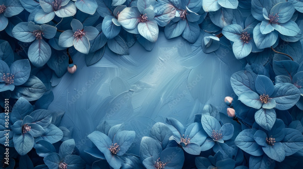 Mystical seamless pattern with beautiful blue leaves on a blue background. Abstract art background with blue leaves and design elements.