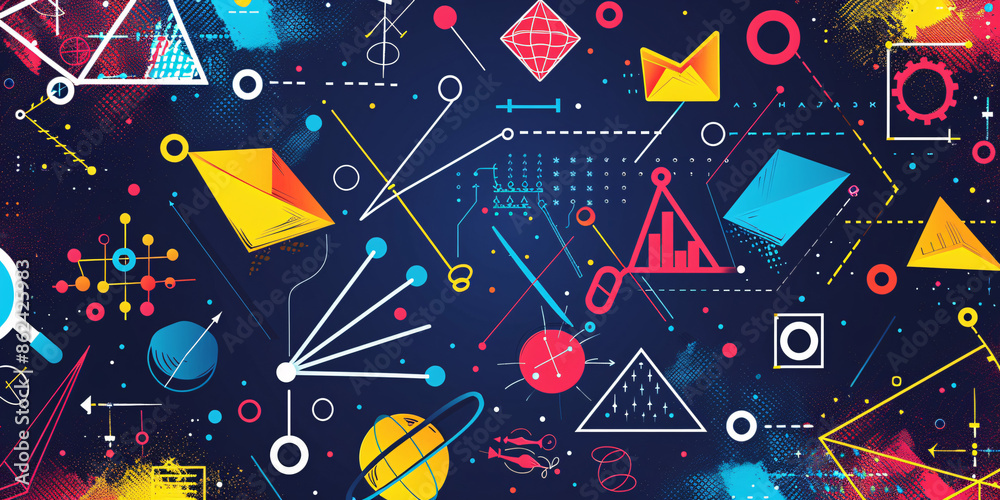Dynamic back to school background with a burst of colorful geometric shapes and symbols representing different academic subjects. Dynamic back to school background with a burst of colorful geometric shapes and symbols representing different academic subjects.