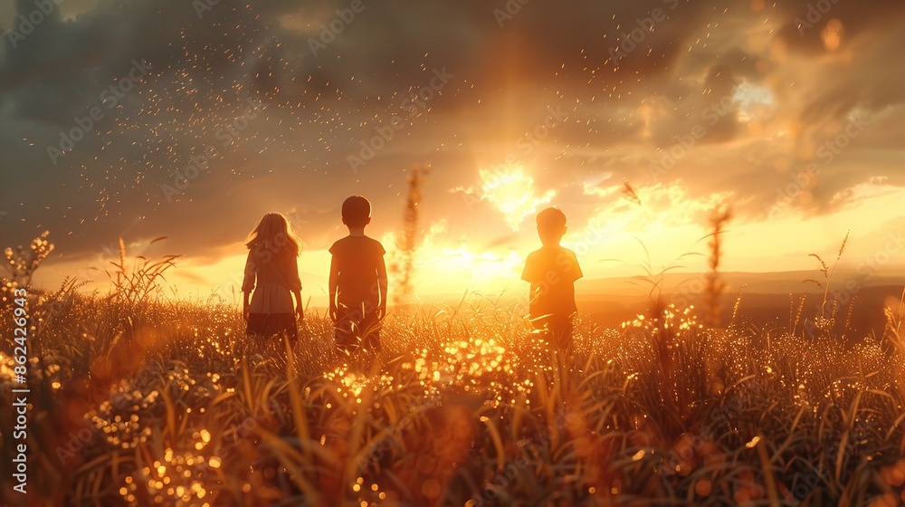 Fototapeta premium Silhouette Back View: Refugee Kid Group Playing in Sunset
