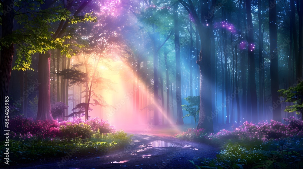 A magical forest with vibrant, glowing light beams piercing through the colorful foliage, creating an ethereal atmosphere. List of Art Media, Fantasy vibrant ethereal colorful approach A magical forest with vibrant, glowing light beams piercing through the colorful foliage, creating an ethereal atmosphere. List of Art Media, Fantasy vibrant ethereal colorful approach