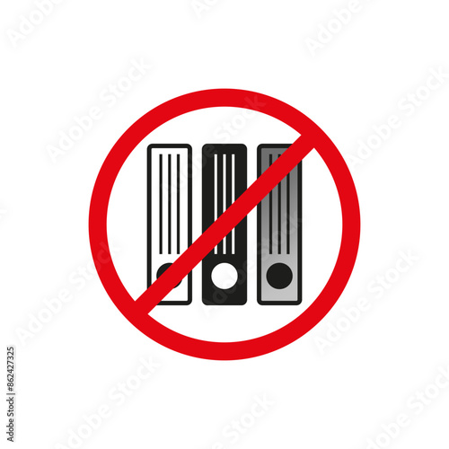 No file folders. Red crossed circle. Office supply icon. Simple bold design.