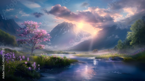 A picturesque valley filled with vibrant, glowing flora and a divine light descending from the heavens, creating an ethereal scene. List of Art Media, Fantasy vibrant ethereal colorful approach © sakareeya