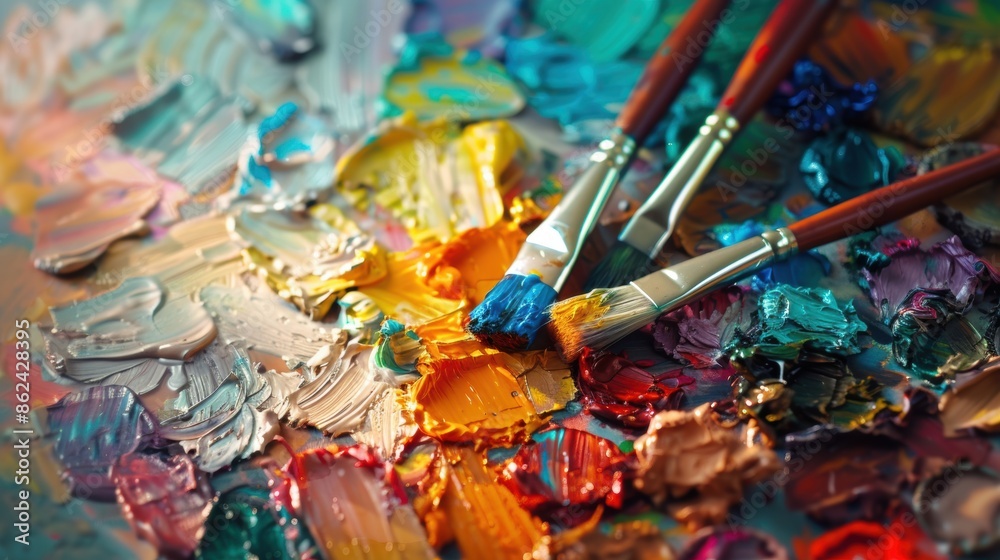 A vibrant paint palette with various colors and brushes, showcasing creativity and artistic expression. A vibrant paint palette with various colors and brushes, showcasing creativity and artistic expression.