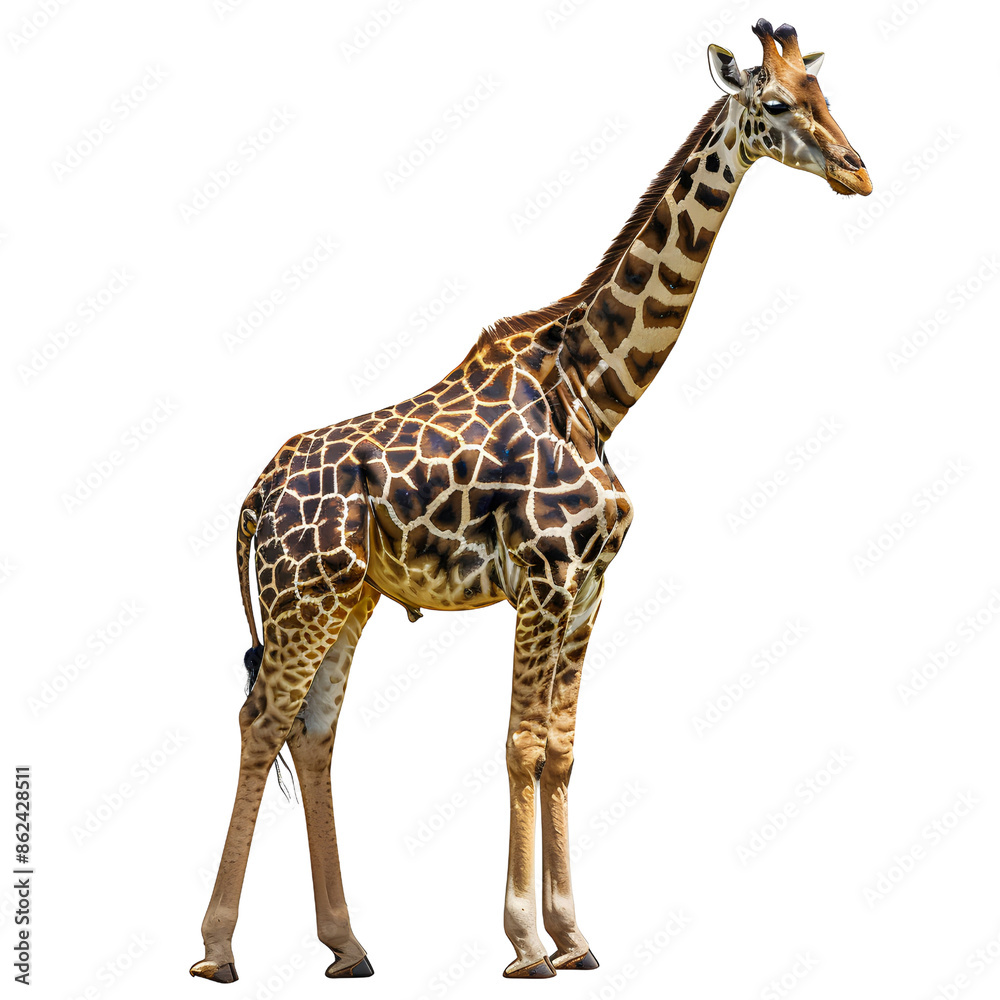 A high-quality image of a giraffe standing isolated on transparency background, PNG cut out, showcasing its unique patterns and long neck. A high-quality image of a giraffe standing isolated on transparency background, PNG cut out, showcasing its unique patterns and long neck.