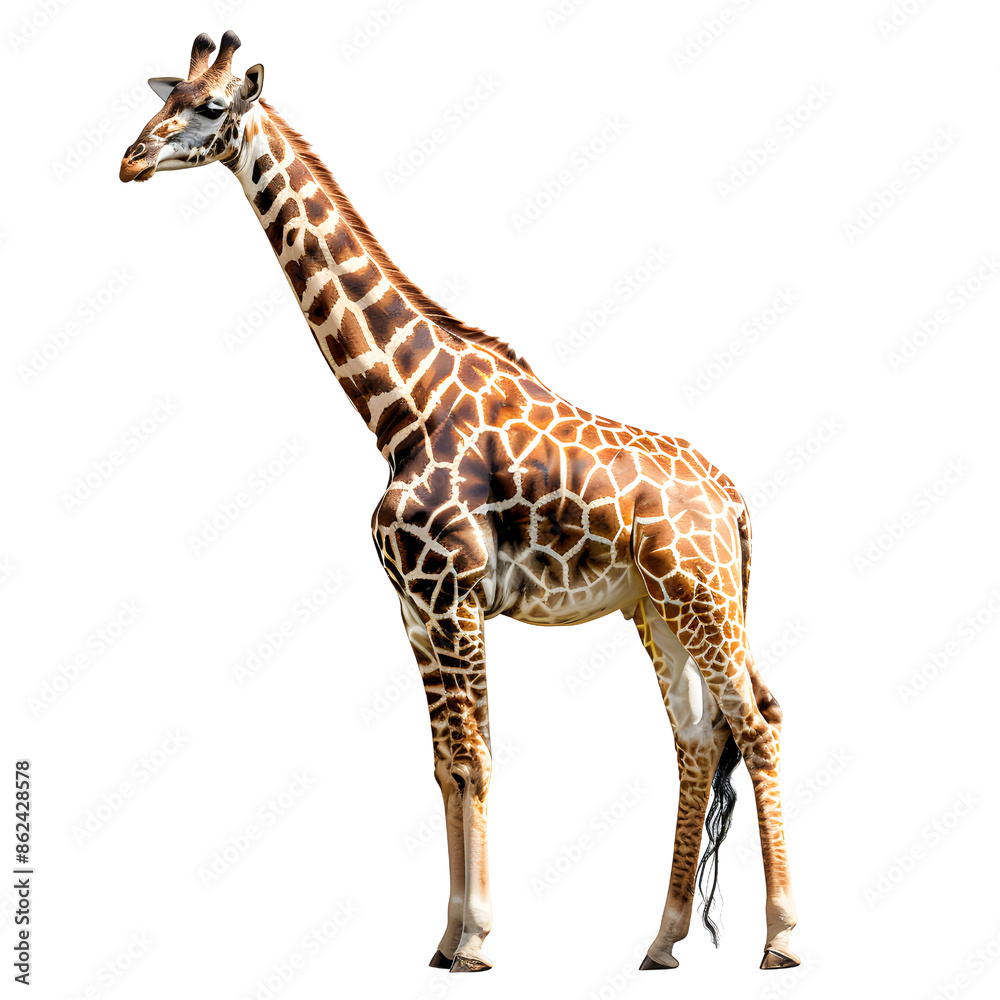 Obraz premium A majestic giraffe standing tall against isolated on transparency background, PNG cut out, showcasing its distinctive pattern and long neck in detailed clarity.