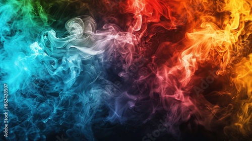 Abstract swirls of colorful smoke in red, blue, and green tones blend against a dark background, creating a dynamic and mysterious atmosphere. © tashechka
