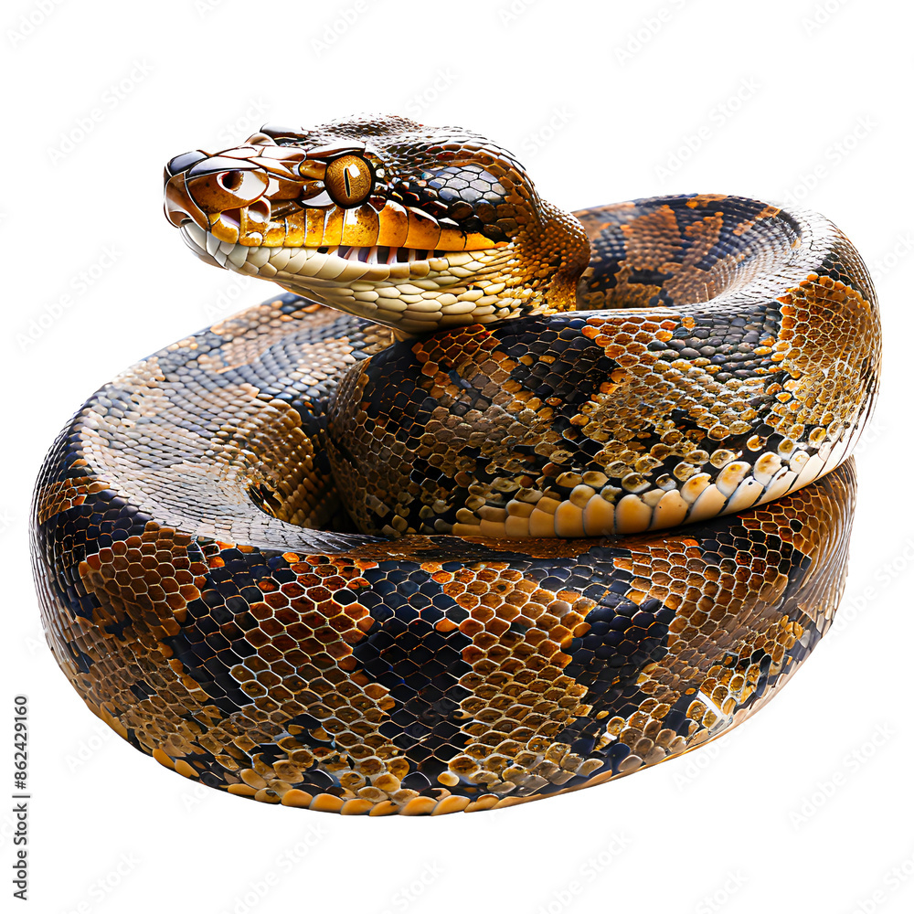 High-resolution image of a coiled snake showcasing detailed scales and striking patterns isolated on transparency background, PNG cut out, perfect for nature and wildlife themes. High-resolution image of a coiled snake showcasing detailed scales and striking patterns isolated on transparency background, PNG cut out, perfect for nature and wildlife themes.