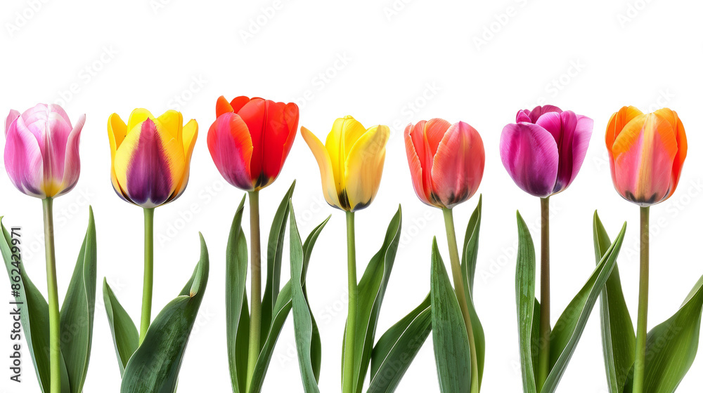 Elegant Row of Vibrant Tulip Flowers - Isolated on Pristine White Background
Elegant Row of Vibrant Tulip Flowers - Isolated on Pristine White Background