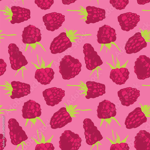 Raspberry pattern seamless, raspberries illustration, hand-drawn vector red berry for vegan banner, juice or jam label design. Ripe berries background for baby food packaging. Raspberry backdrop.