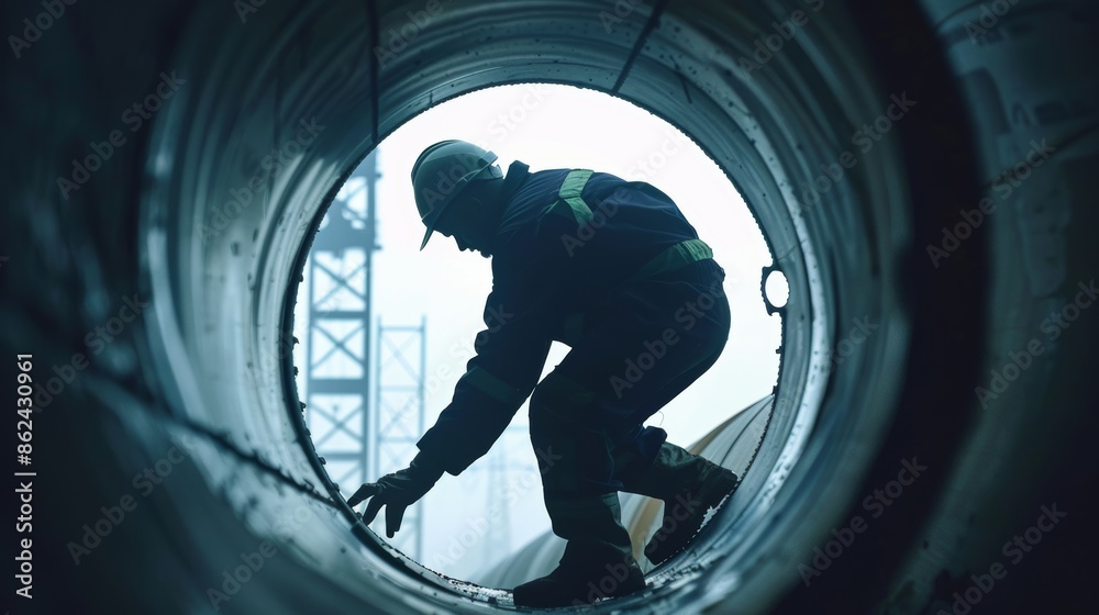 Worker performing tasks inside a pipe, large towers visible in the background, pipeline construction, raw and gritty detail Worker performing tasks inside a pipe, large towers visible in the background, pipeline construction, raw and gritty detail