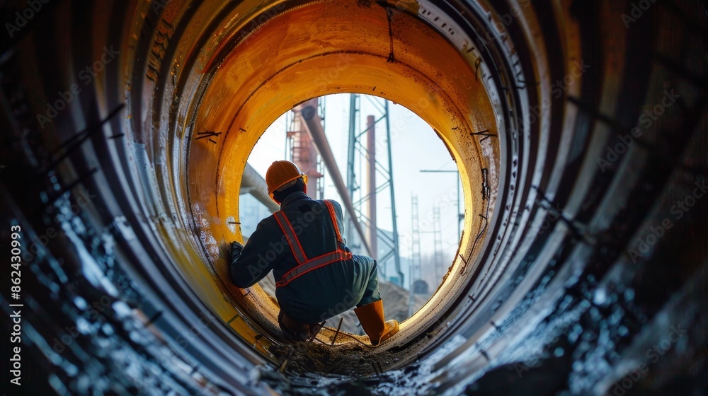 Worker performing tasks inside a pipe, large towers visible in the background, pipeline construction, raw and gritty detail Worker performing tasks inside a pipe, large towers visible in the background, pipeline construction, raw and gritty detail