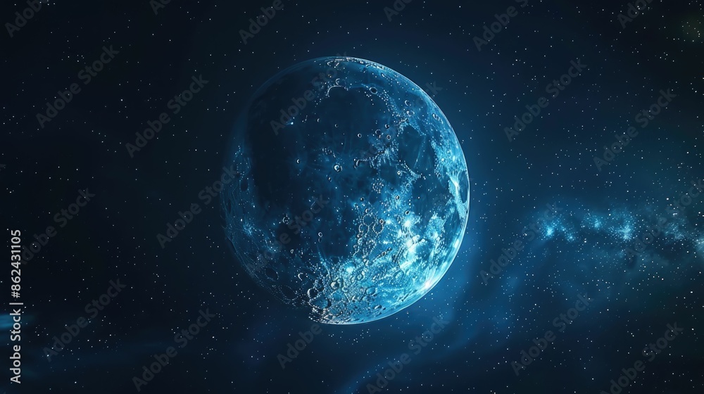 A detailed image of the moon glowing in blue amidst a starry night sky. A detailed image of the moon glowing in blue amidst a starry night sky.