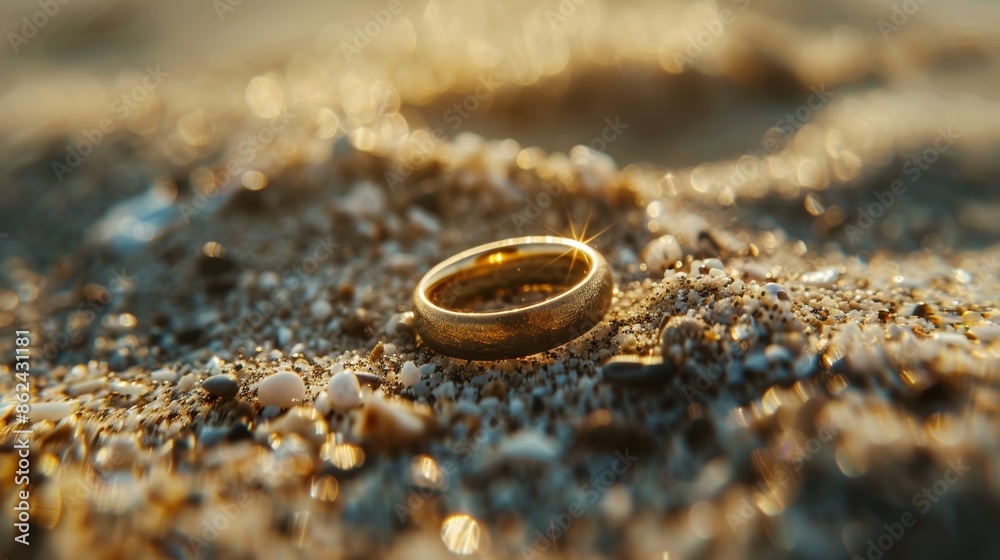 Wedding ring on a sandy beach, representing the union of love and paradise, raw style, intricate details, romantic symbolism Wedding ring on a sandy beach, representing the union of love and paradise, raw style, intricate details, romantic symbolism