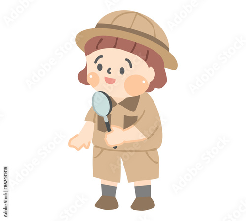 虫眼鏡を持つ探検服を着た女の子のキャラクター