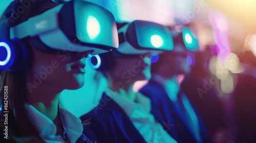 A group of people wearing VR headsets, fully immersed in a virtual reality experience at a technology event. © tashechka