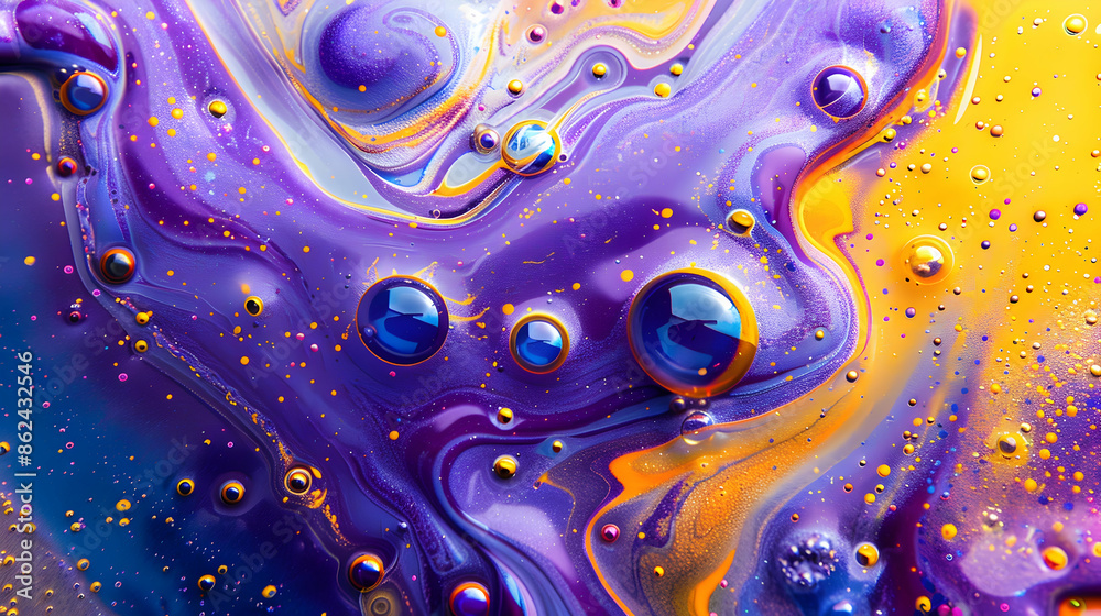 Dynamic abstract flow. Sequined paint. Liquid art. Blended vivid purple orange yellow blue soap bubbles rotating on water surface with round shimmer Dynamic abstract flow. Sequined paint. Liquid art. Blended vivid purple orange yellow blue soap bubbles rotating on water surface with round shimmer