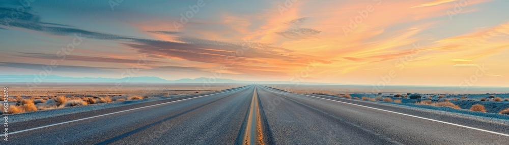 Naklejka premium Empty desert highway at sunset with dramatic clouds and vibrant colors, perfect for travel and adventure themes