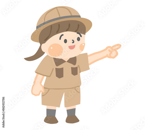 指差しをする探検服を着た女の子のキャラクター
