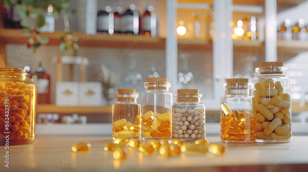 Assorted Supplement Bottles on Wooden Shelf in Sunlit Apothecary Setting Assorted Supplement Bottles on Wooden Shelf in Sunlit Apothecary Setting