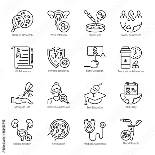 Collection of 16 AIDS Infection Outline Icons 

