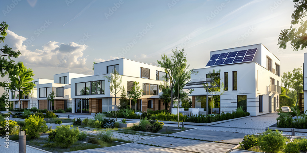  modern house with solar panels on its roof, set against a sunset backdrop.