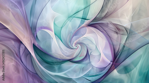 Futuristic artwork with a lavender and teal abstract figure, outlined by fluid curves and a calming mint green center