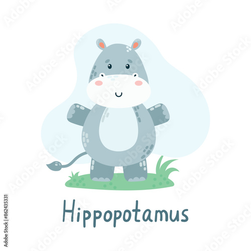 Childrens cute animal hippopotamus. African animals, wildlife. Cute character. Flat vector illustration for children