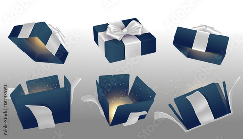 A set of open blue surprise boxes tied with silver ribbons