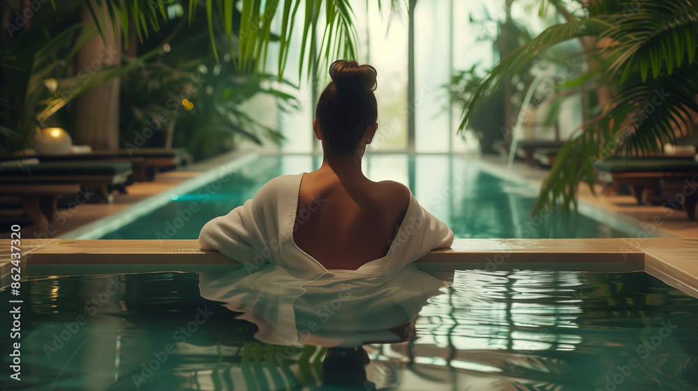 A woman with her hair in a bun stands in a small indoor pool area at an exclusive spa, surrounded by palm trees.