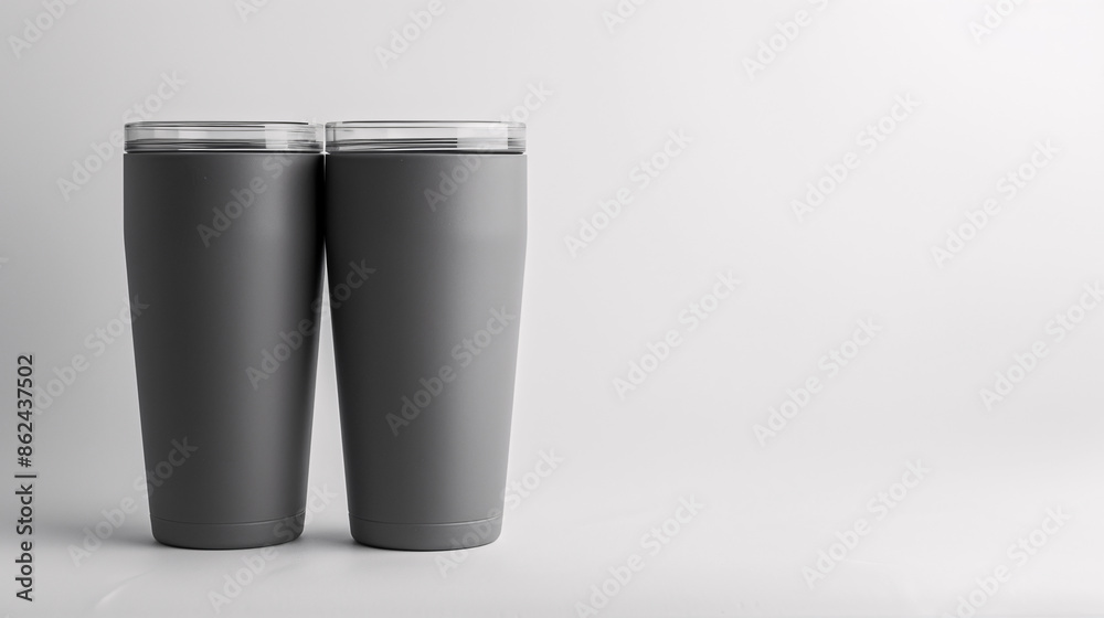 A close-up view of two matte gray 20-ounce short tumblers with a clean white background A close-up view of two matte gray 20-ounce short tumblers with a clean white background
