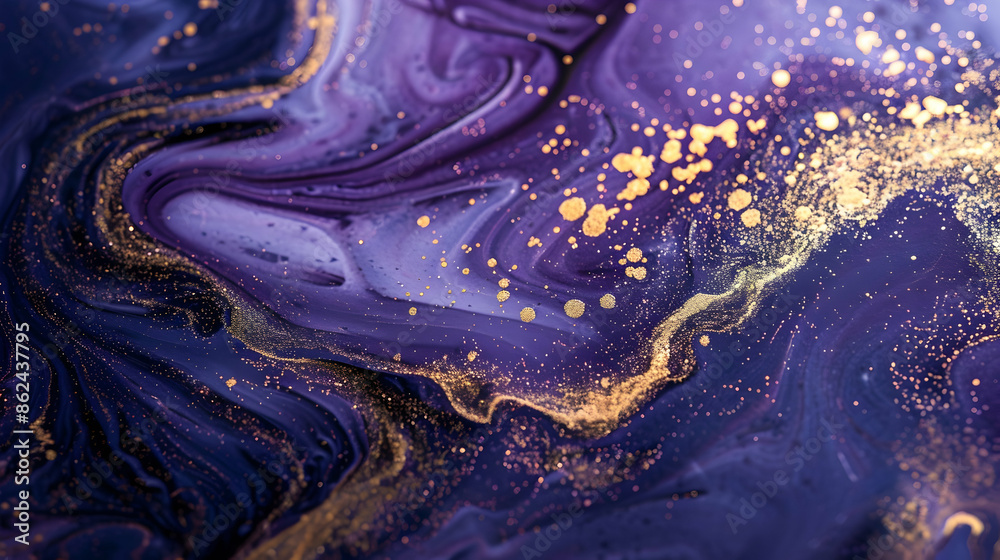 Gold dust and deep blue marble swirls creating an abstract purple backdrop Gold dust and deep blue marble swirls creating an abstract purple backdrop