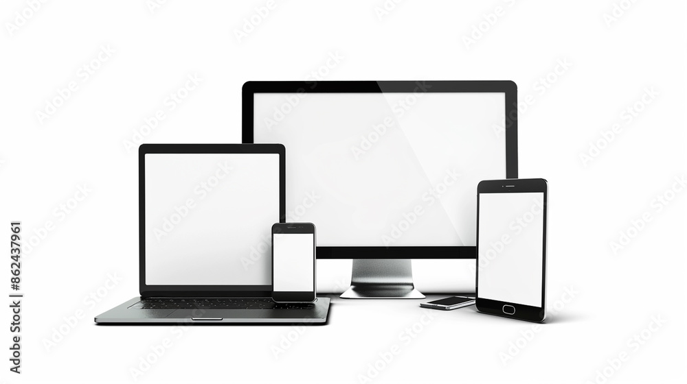 images showcasing various electronic devices, including laptops, desktop monitors, tablets, and smartphones, all with blank screens, illustrating modern technology and device variety