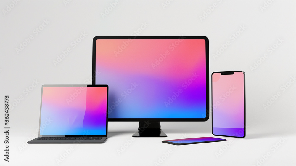 Flat lay of multiple electronic devices including laptops, tablets, and smartphones, set against a white background.