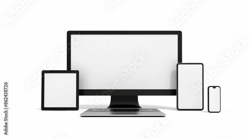Flat lay of multiple electronic devices including laptops, tablets, and smartphones, set against a white background.