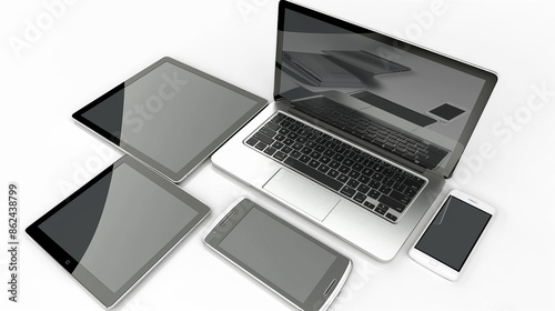 Flat lay of multiple electronic devices including laptops, tablets, and smartphones, set against a white background.