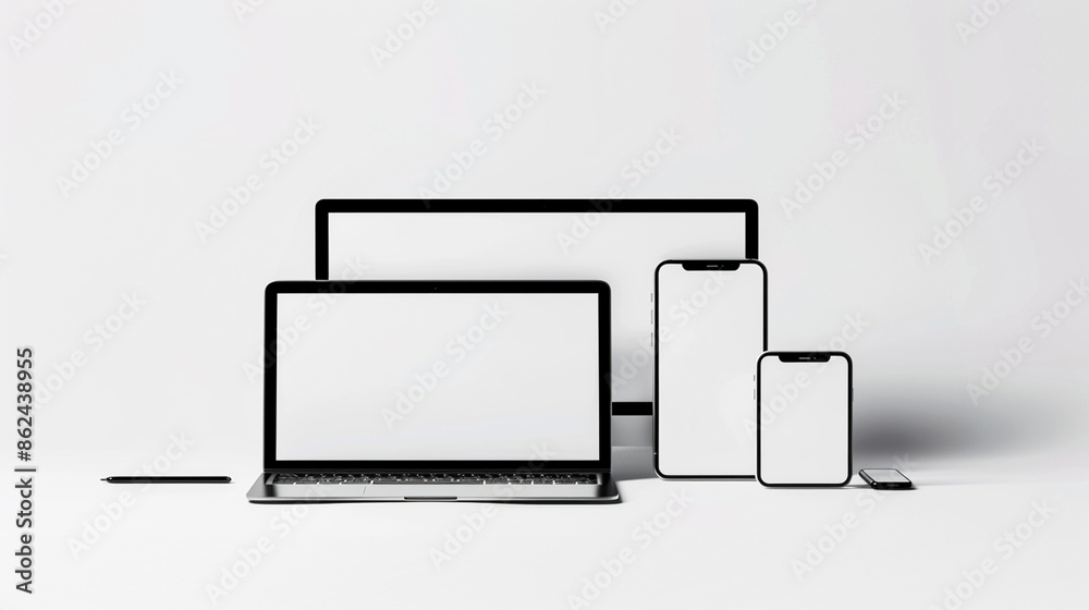 Flat lay of multiple electronic devices including laptops, tablets, and smartphones, set against a white background. Flat lay of multiple electronic devices including laptops, tablets, and smartphones, set against a white background.