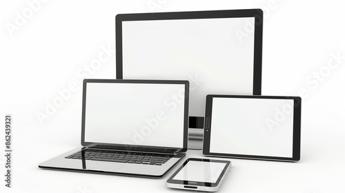 Flat lay of multiple electronic devices including laptops, tablets, and smartphones, set against a white background.