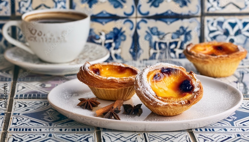 Fresh Pastéis de Nata, Portuguese custard tarts, on a white plate, sprinkled with cinnamon and powdered sugar. Fresh Pastéis de Nata, Portuguese custard tarts, on a white plate, sprinkled with cinnamon and powdered sugar.