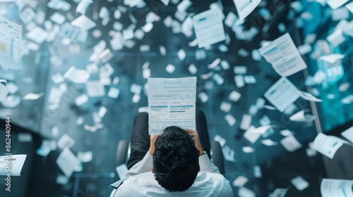 In a modern office setting, a distressed individual views augmented reality projections of unpaid bills and a bankruptcy form hovering in the air. The scene is filled with a sense of financial