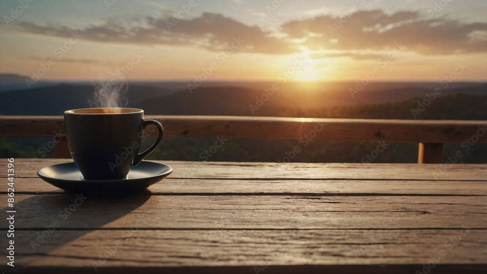 A cup of coffee is sitting on a wooden table with a view of the sunset