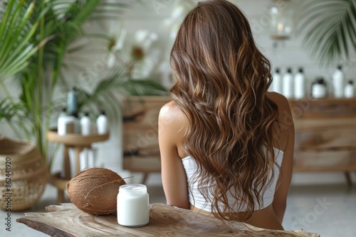 Photo of coconut extract, coconut cream for hair care, Generative AI