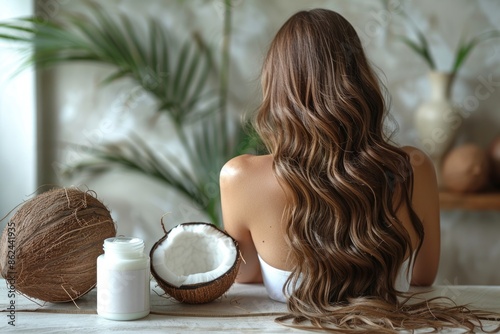 Photo of coconut extract, coconut cream for hair care, Generative AI