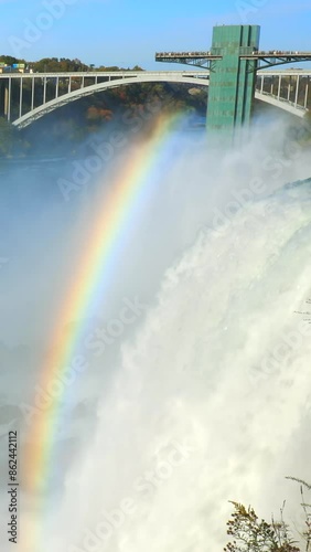 Beautiful rainbow in the sun at Niagara Falls. Vertical video.