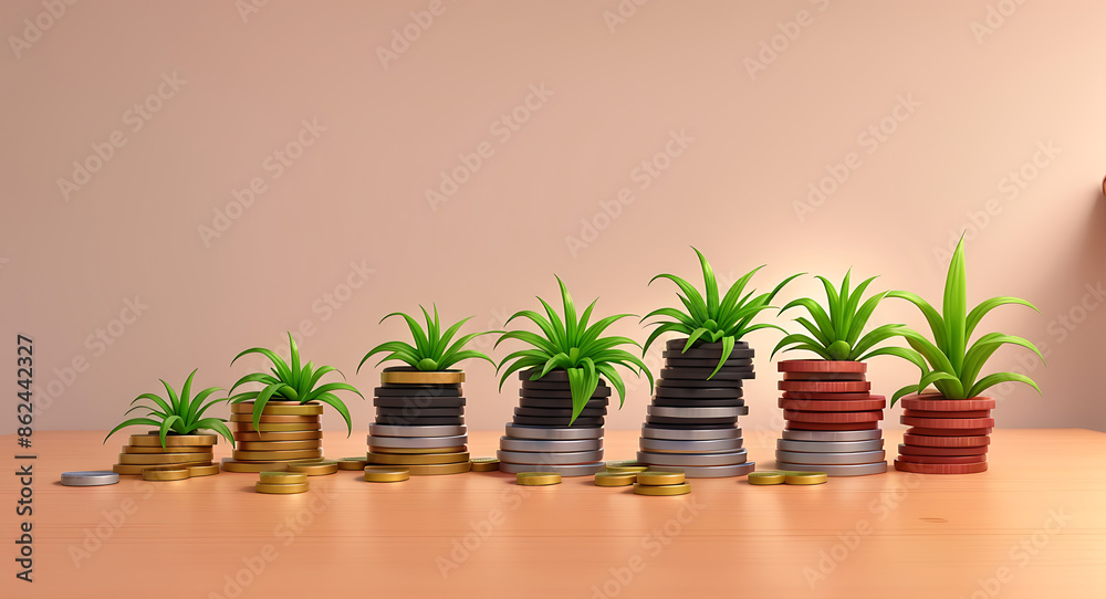Symbolic representations of economic concepts, such as stacks of coins, growing plants in a piggy bank, or a rising graph
Symbolic representations of economic concepts, such as stacks of coins, growing plants in a piggy bank, or a rising graph