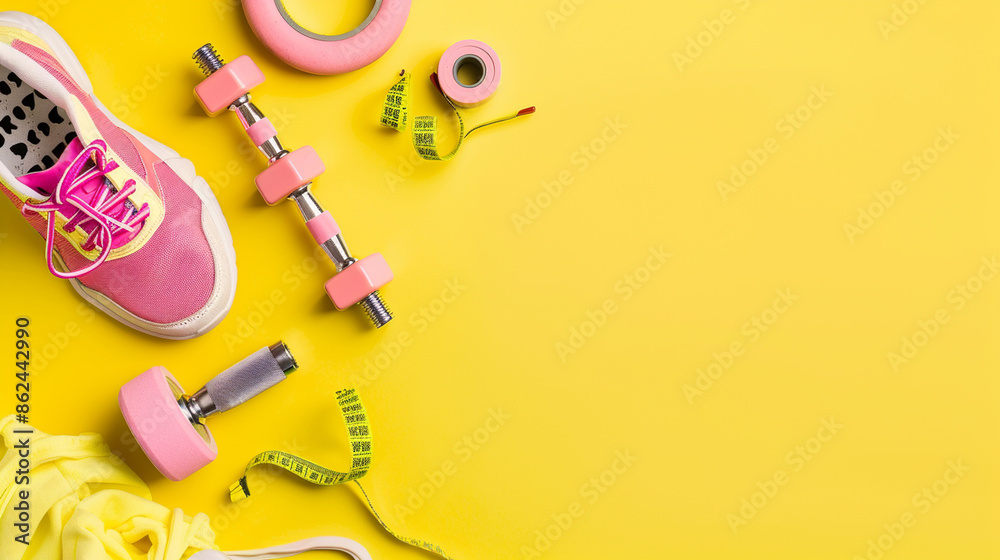 Fitness items arranged on a yellow background, including sneakers, water bottle, and exercise bands. Fitness items arranged on a yellow background, including sneakers, water bottle, and exercise bands.