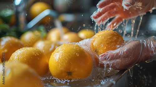 Hands wearing gloves washing fresh orange fruits under running water in a kitchen, promoting cleanliness and hygiene. photo