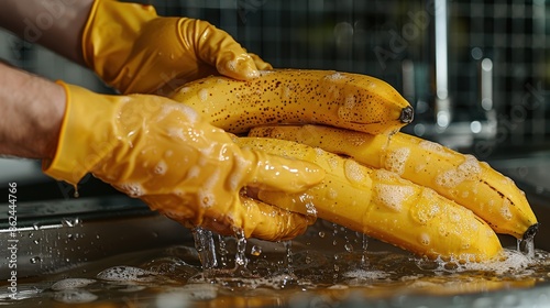 Close-up of hands in yellow gloves washing ripe bananas under running water in a kitchen sink, demonstrating proper food hygiene and cleanliness. photo